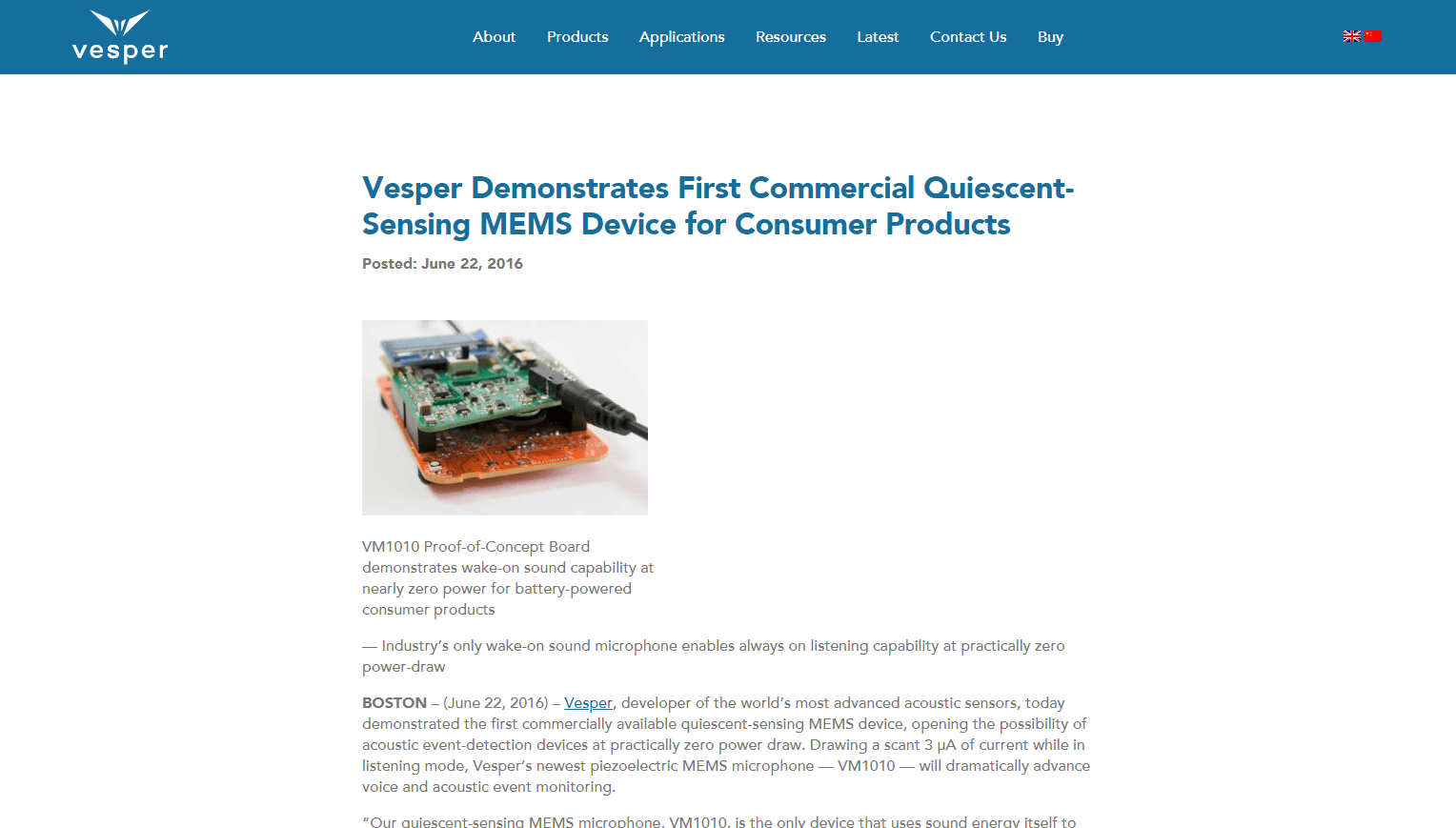 Vesper Demonstrates First Commercial Quiescent-Sensing MEMS Device for Consumer Products - Vesper